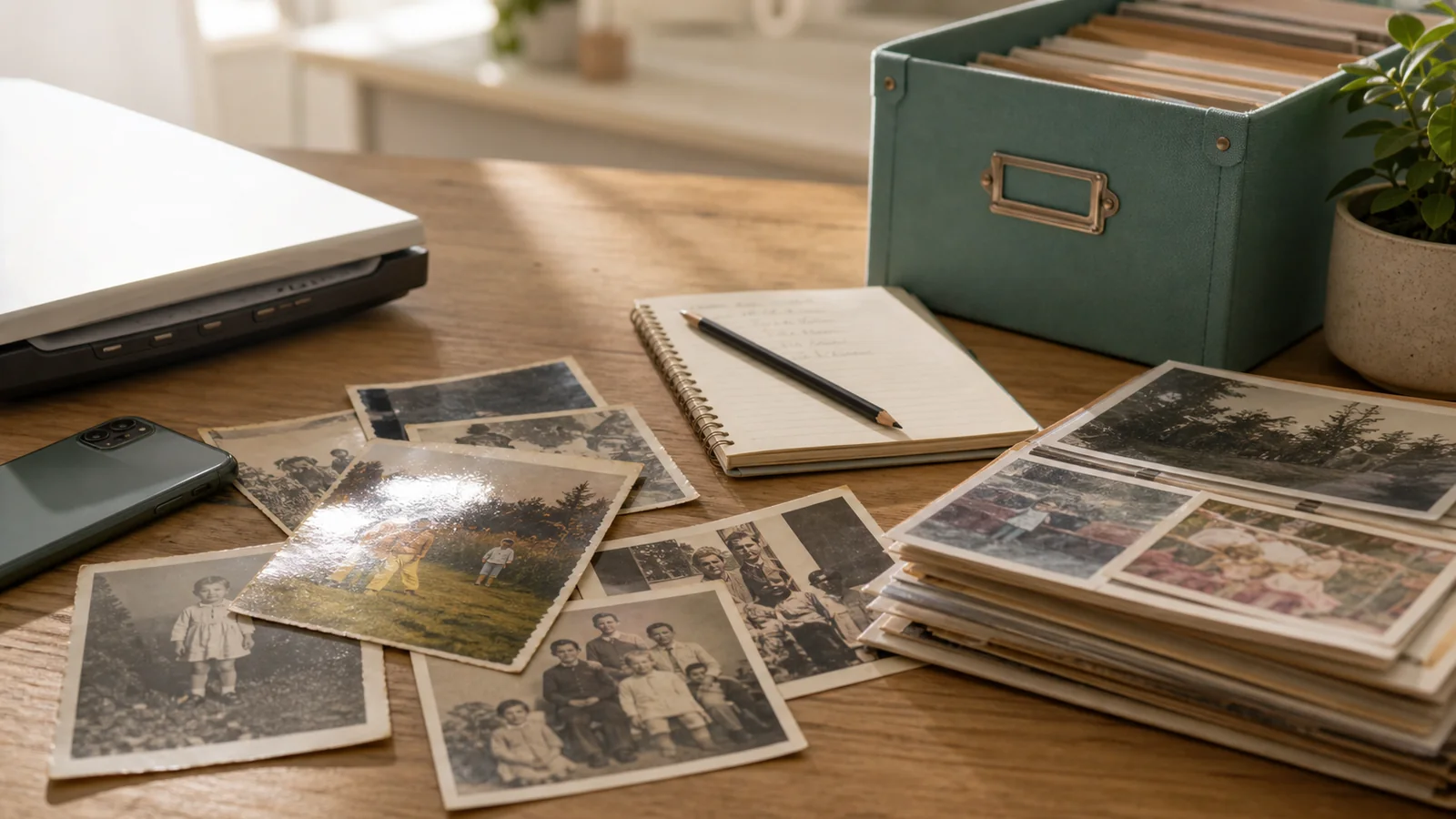 Old family photos, a flatbed scanner, a face-down phone, and archive notes arranged on a warm wooden table.