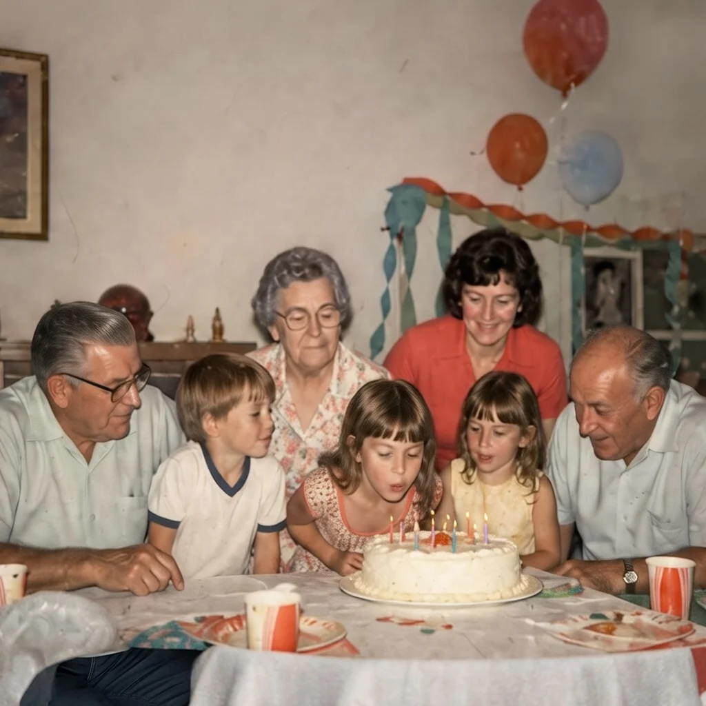 Restored child birthday party slide photo with clearer faces and room detail.