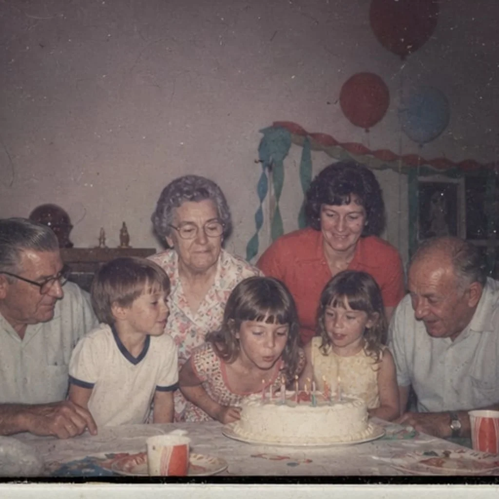 Digitized 35mm slide photo of a child birthday party before restoration.