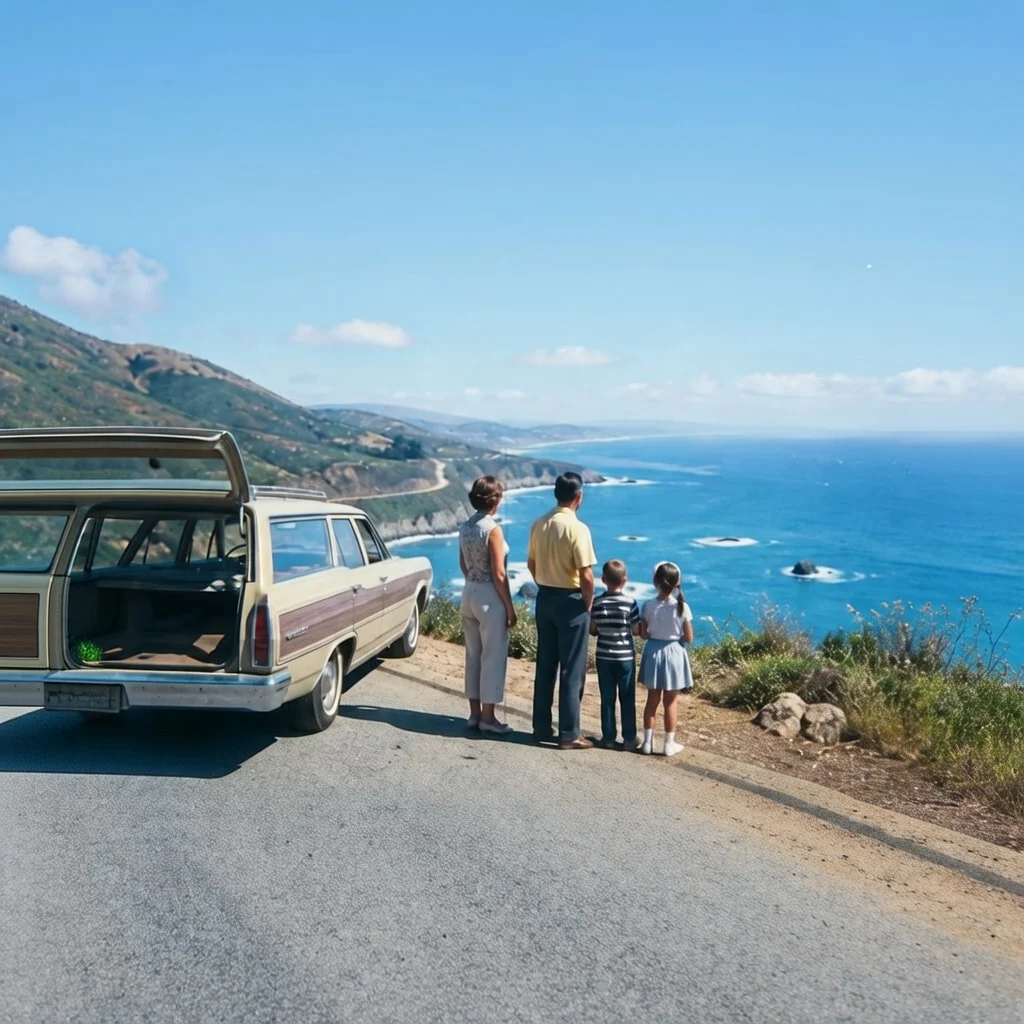 Restored coastal road trip slide photo with clearer sky and ocean detail.