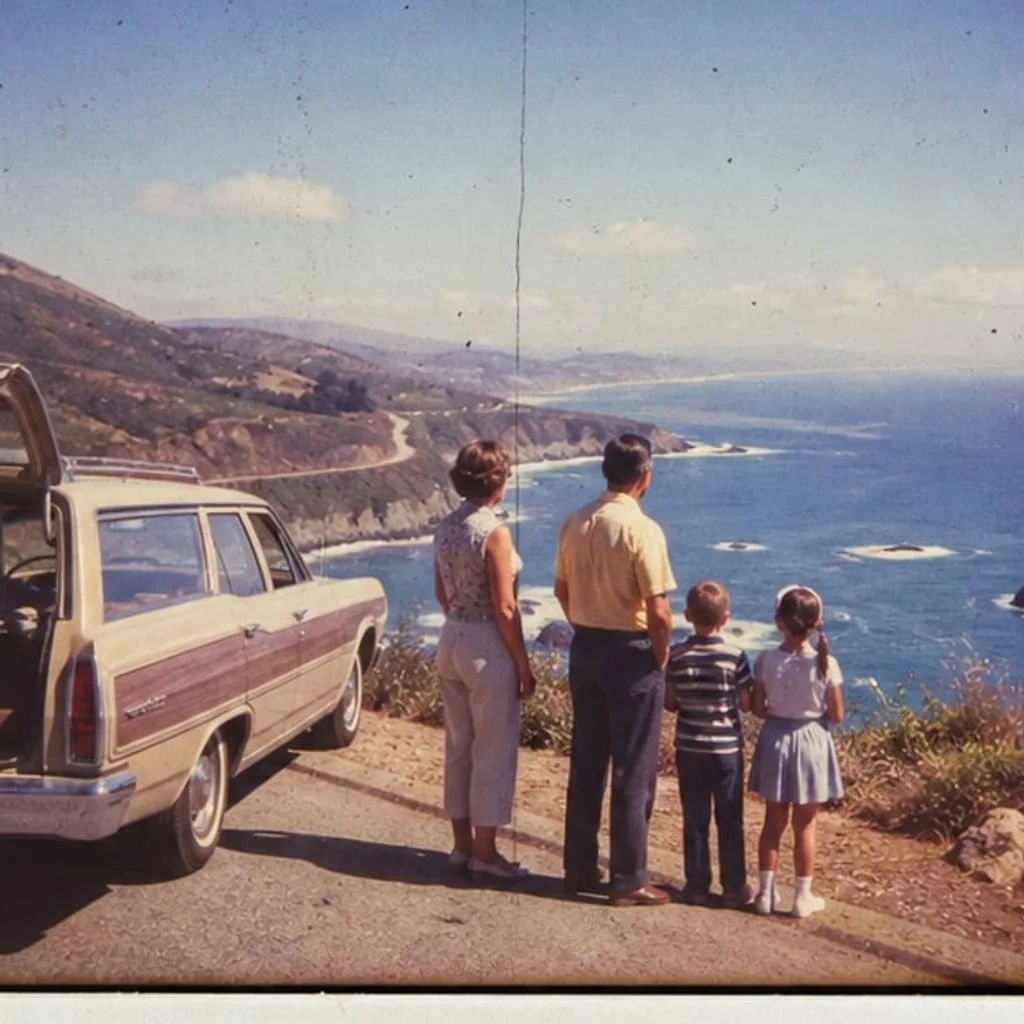 Digitized 35mm slide photo of a family looking over the coast before restoration.
