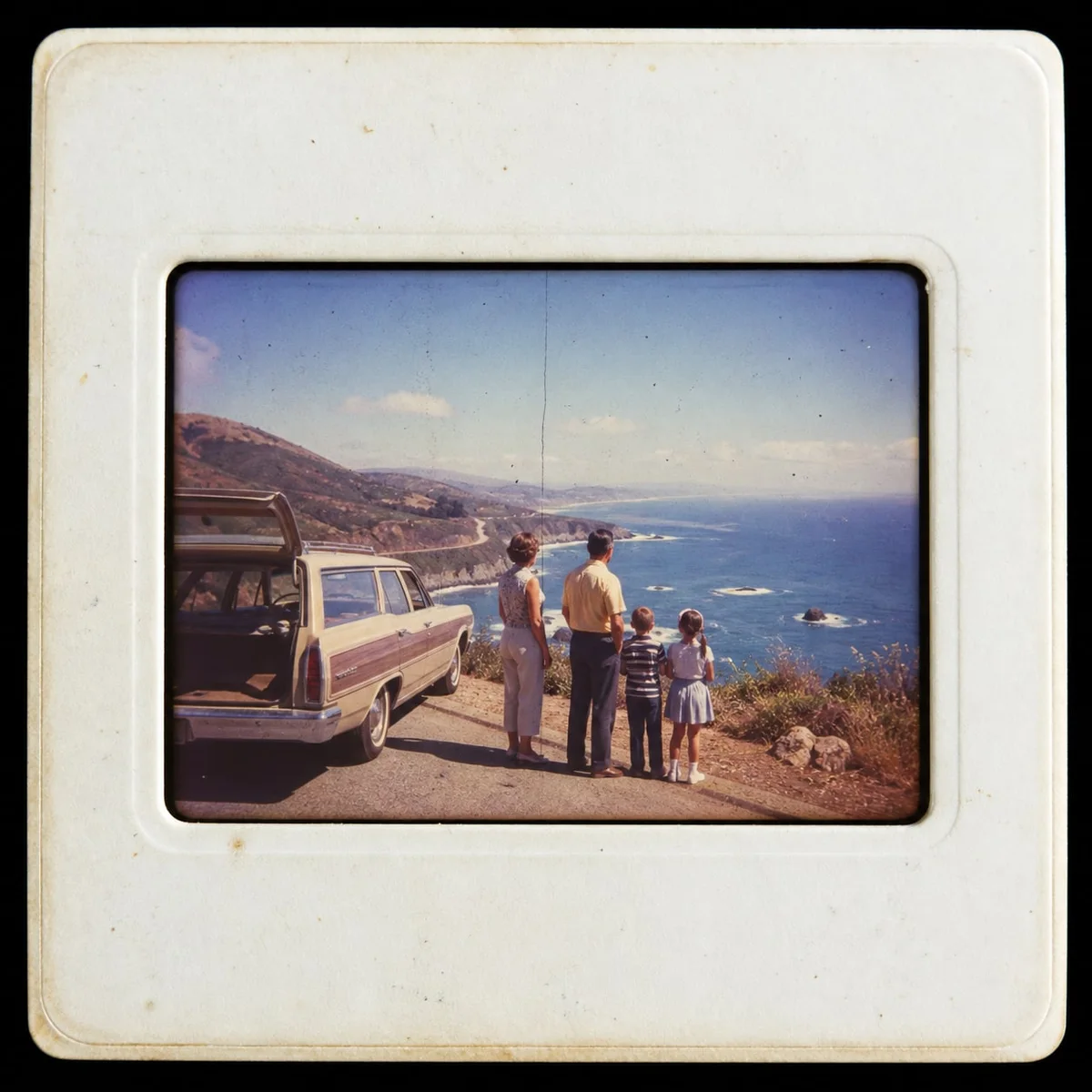 Mounted 35mm slide showing a faded coastal road trip viewpoint.
