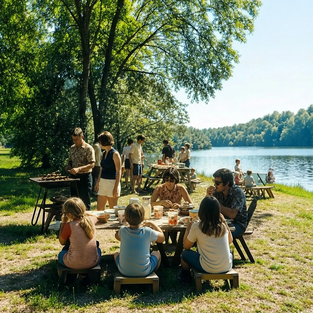 Restored family picnic slide photo with clearer color and detail.