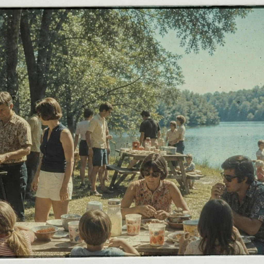 Digitized 35mm slide photo of a family picnic by a lake before restoration.