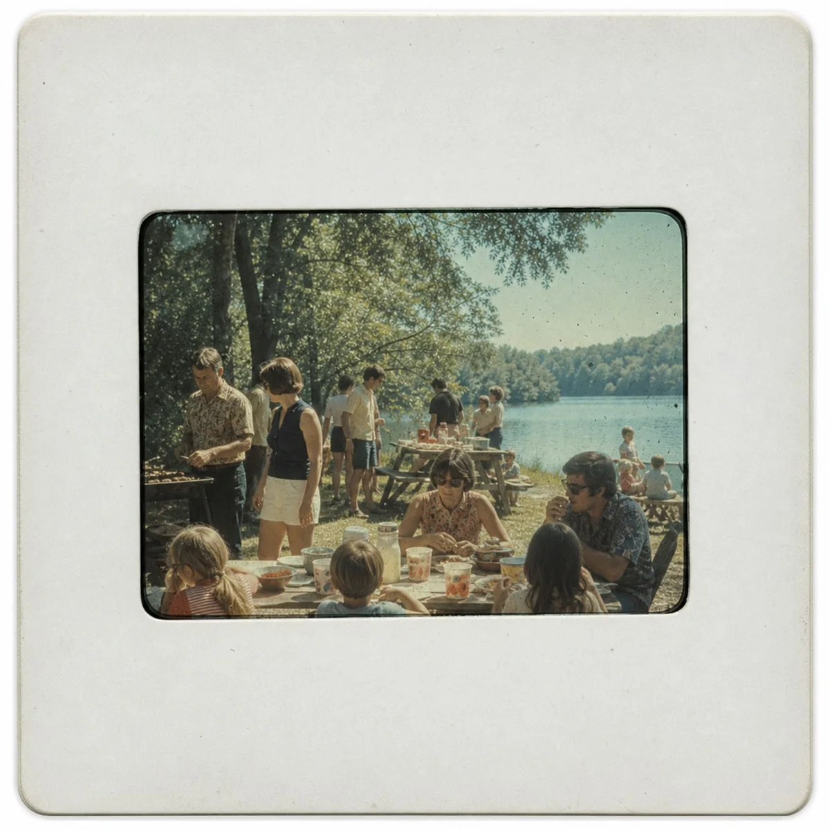 Mounted 35mm slide showing a faded family picnic beside a lake.