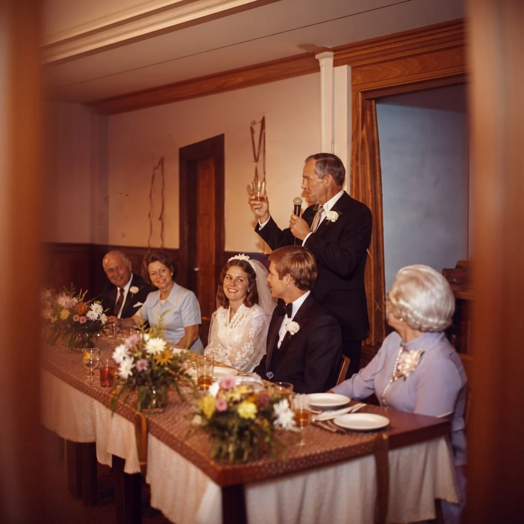 Restored wedding toast slide photo with balanced color and cleaner detail.