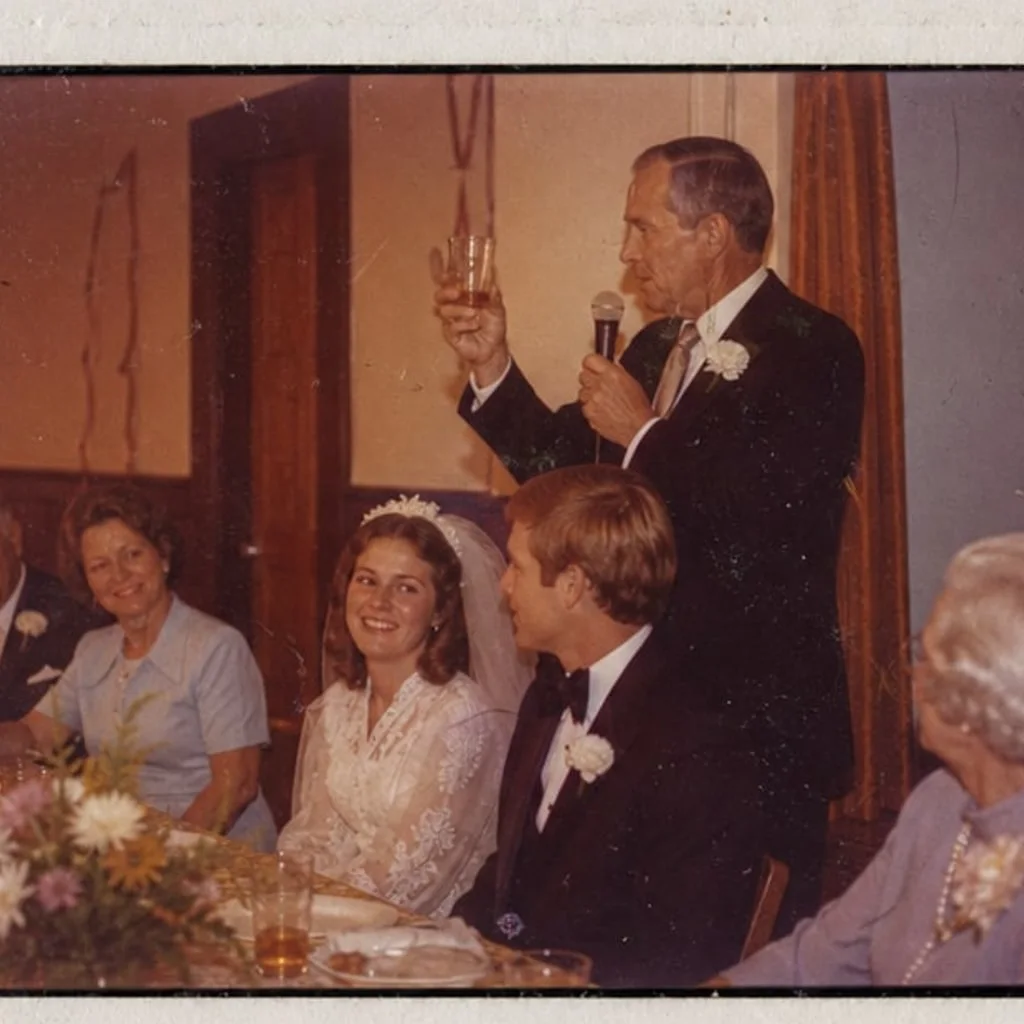 Digitized 35mm slide photo of a wedding toast before restoration.