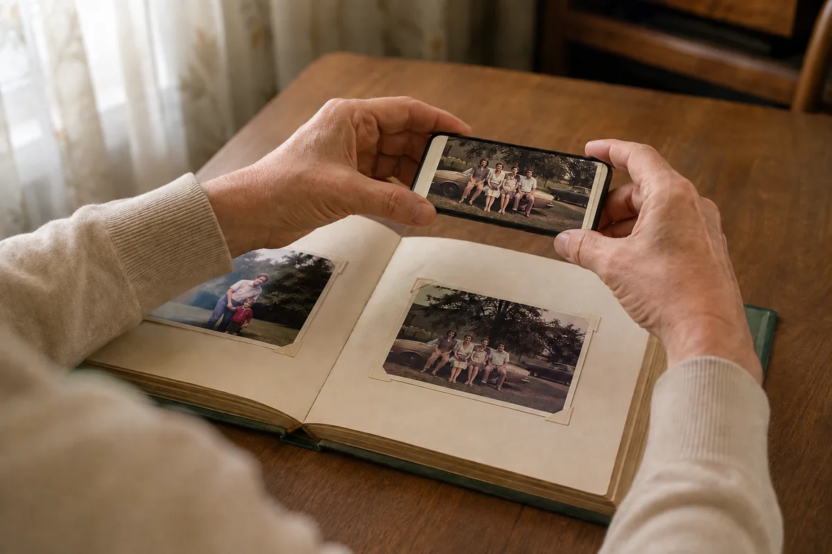 Hands holding a phone above one family print in an open photo album.