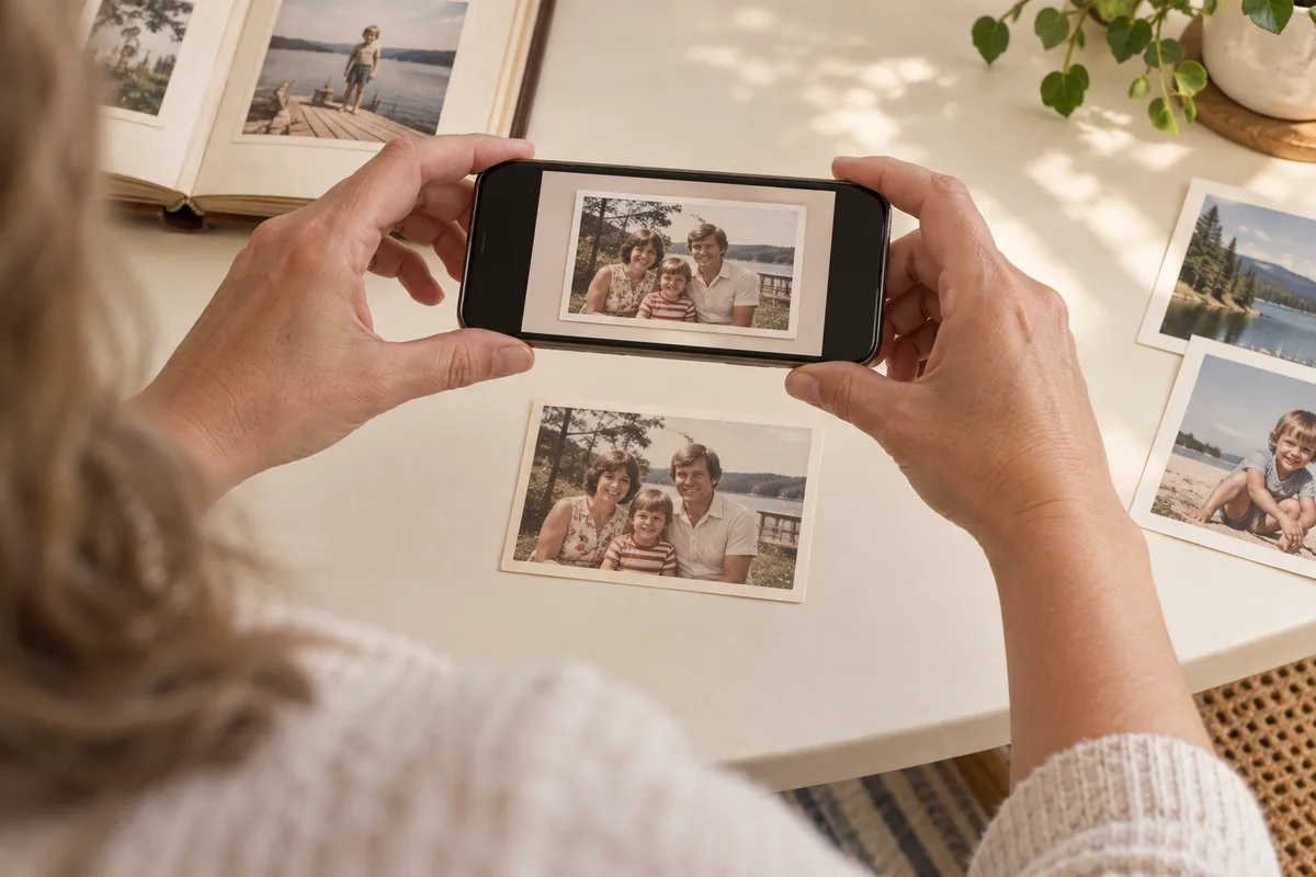 Hands holding a phone above one family print beside an open photo album.