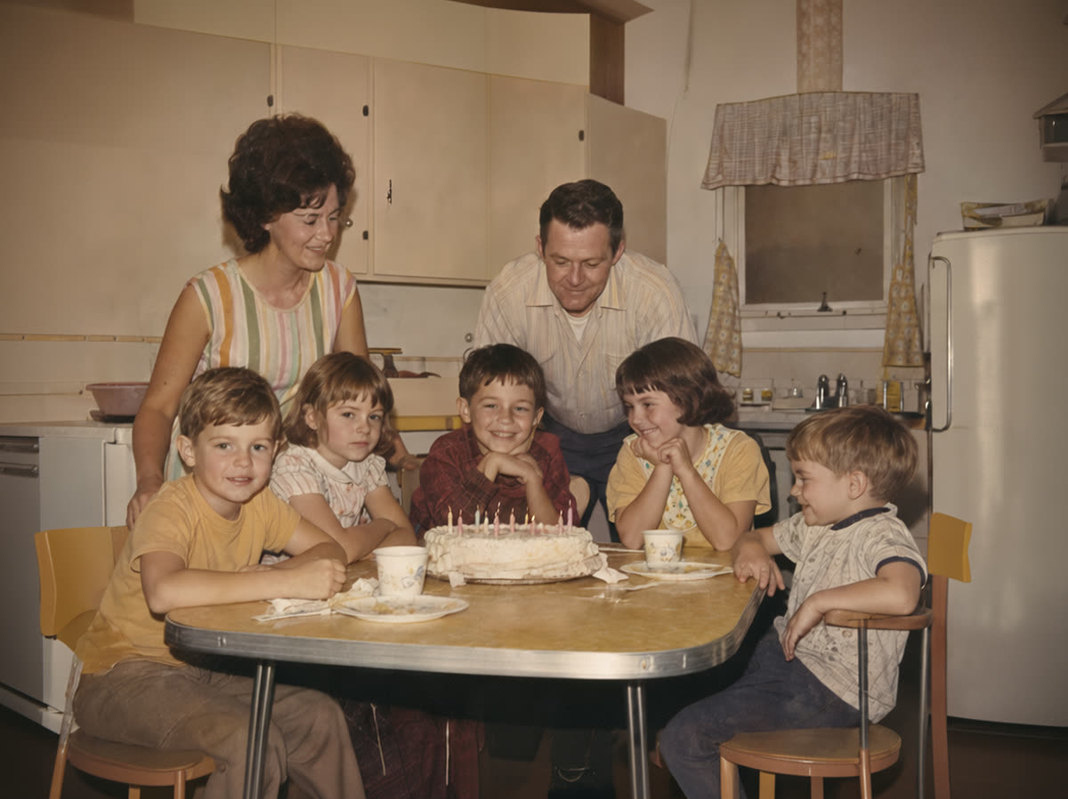 Torn family table photo repaired with PhotoScanRestore after