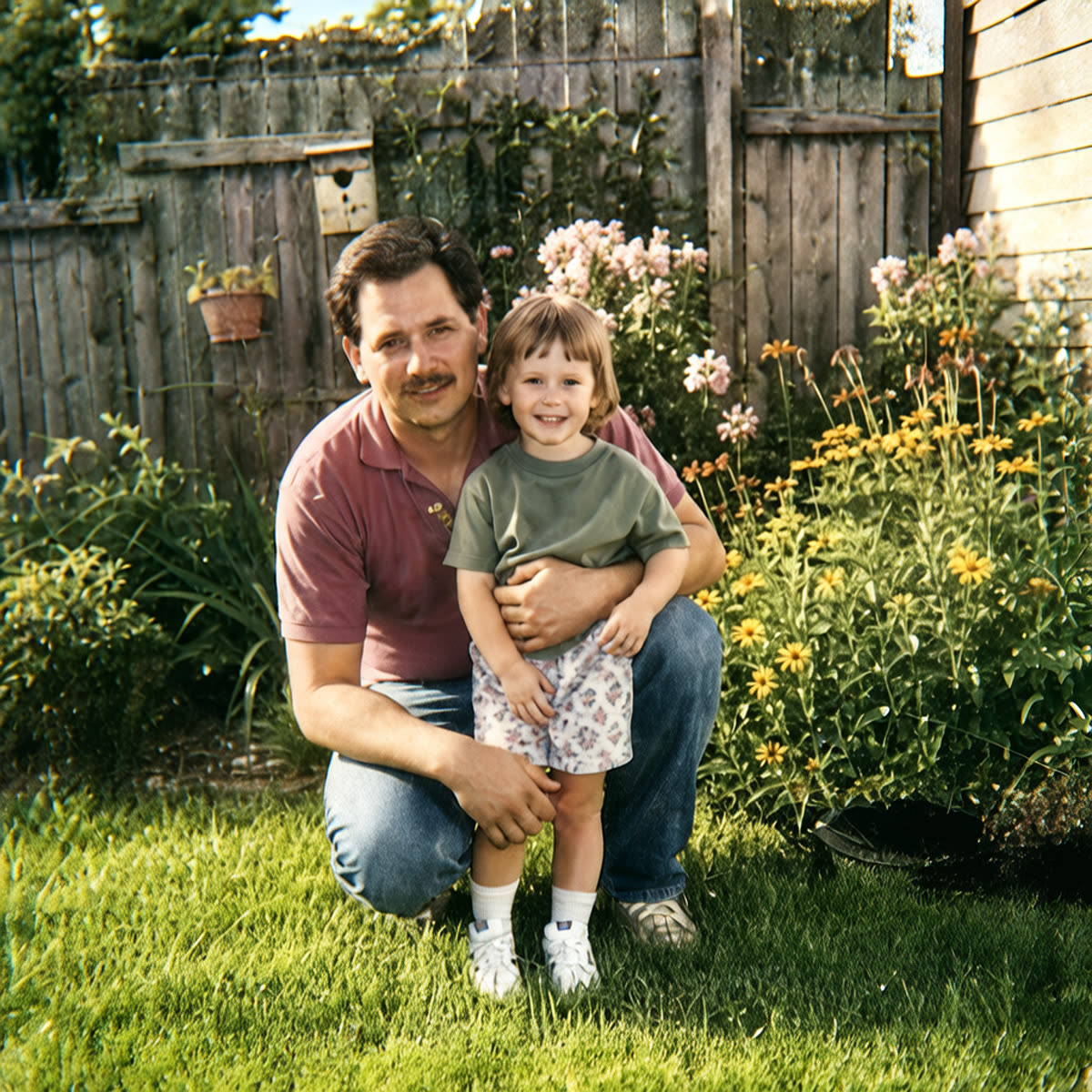 Damp-stored faded garden family photo restored with PhotoScanRestore after