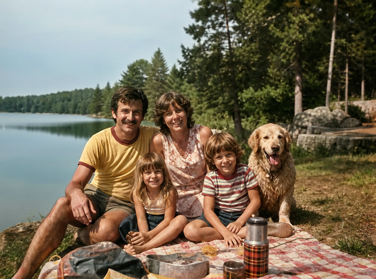 Scratched lake family photo restored with PhotoScanRestore after