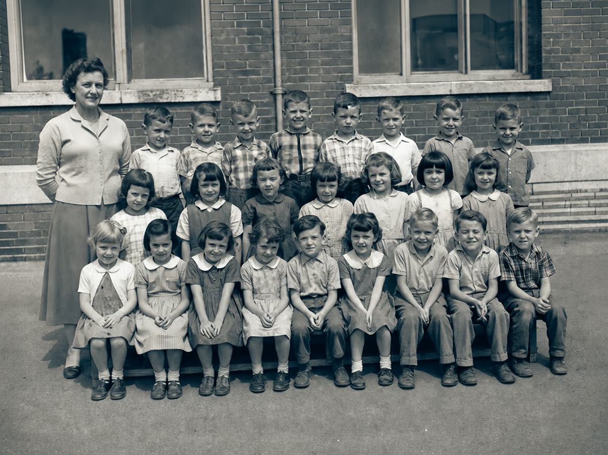 Scratched old school class photo repaired with PhotoScanRestore after