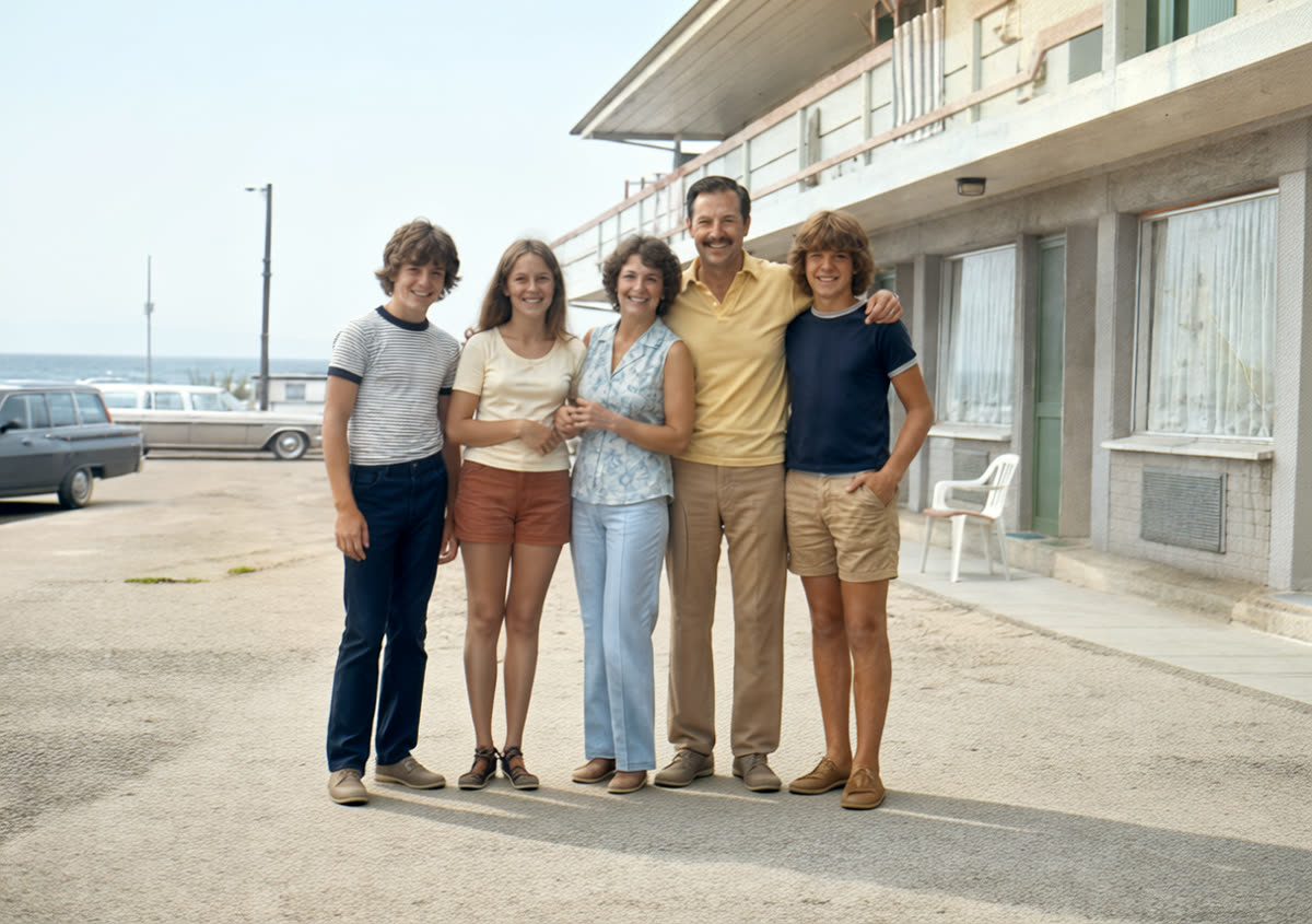 Water damaged seaside family photo restored with PhotoScanRestore after