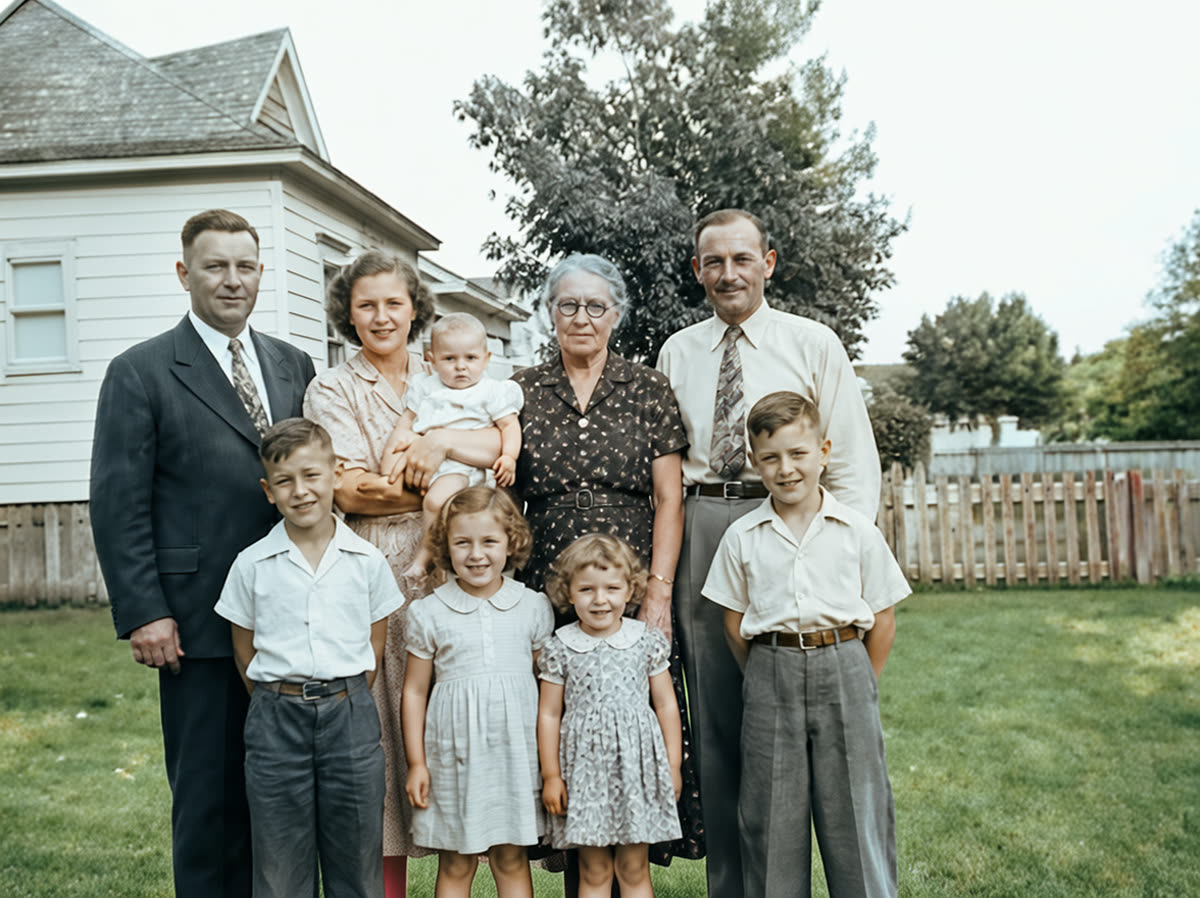 Heavily water stained old family photo restored with PhotoScanRestore after