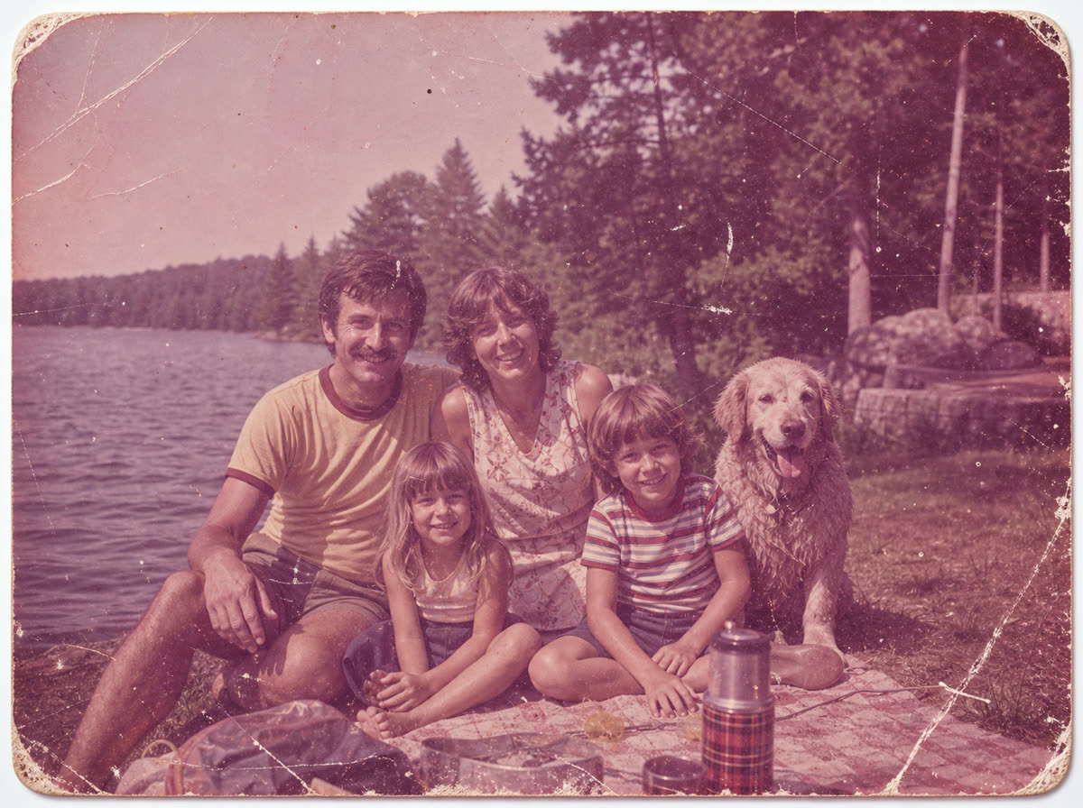 Scratched lake family photo restored with PhotoScanRestore before